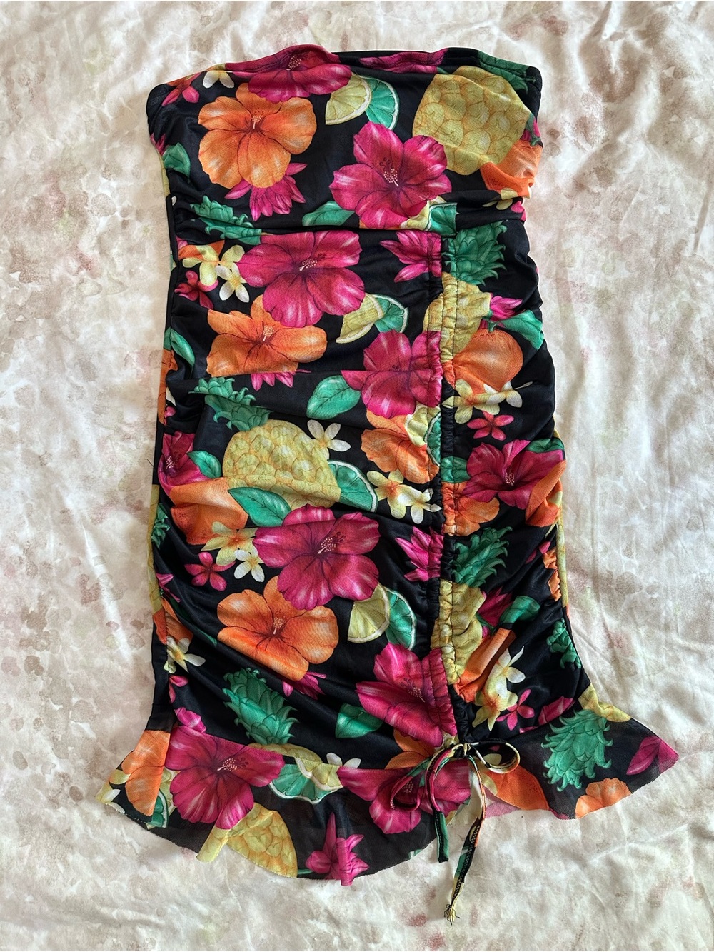 dELiA*s Black Tropical Floral Strapless Dress with Pink, Orange & Green